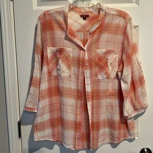 Merona Peach/Plaid Button Up Shirt 3/4 Adjustable Sleeves - Size XXL